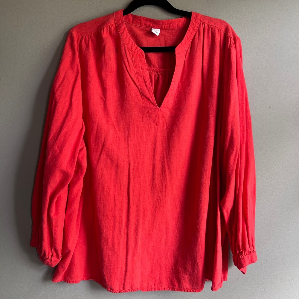 Old Navy Womens Large Orange Red Linen Blend‎ Long Sleeve V-Neck Tunic Blouse